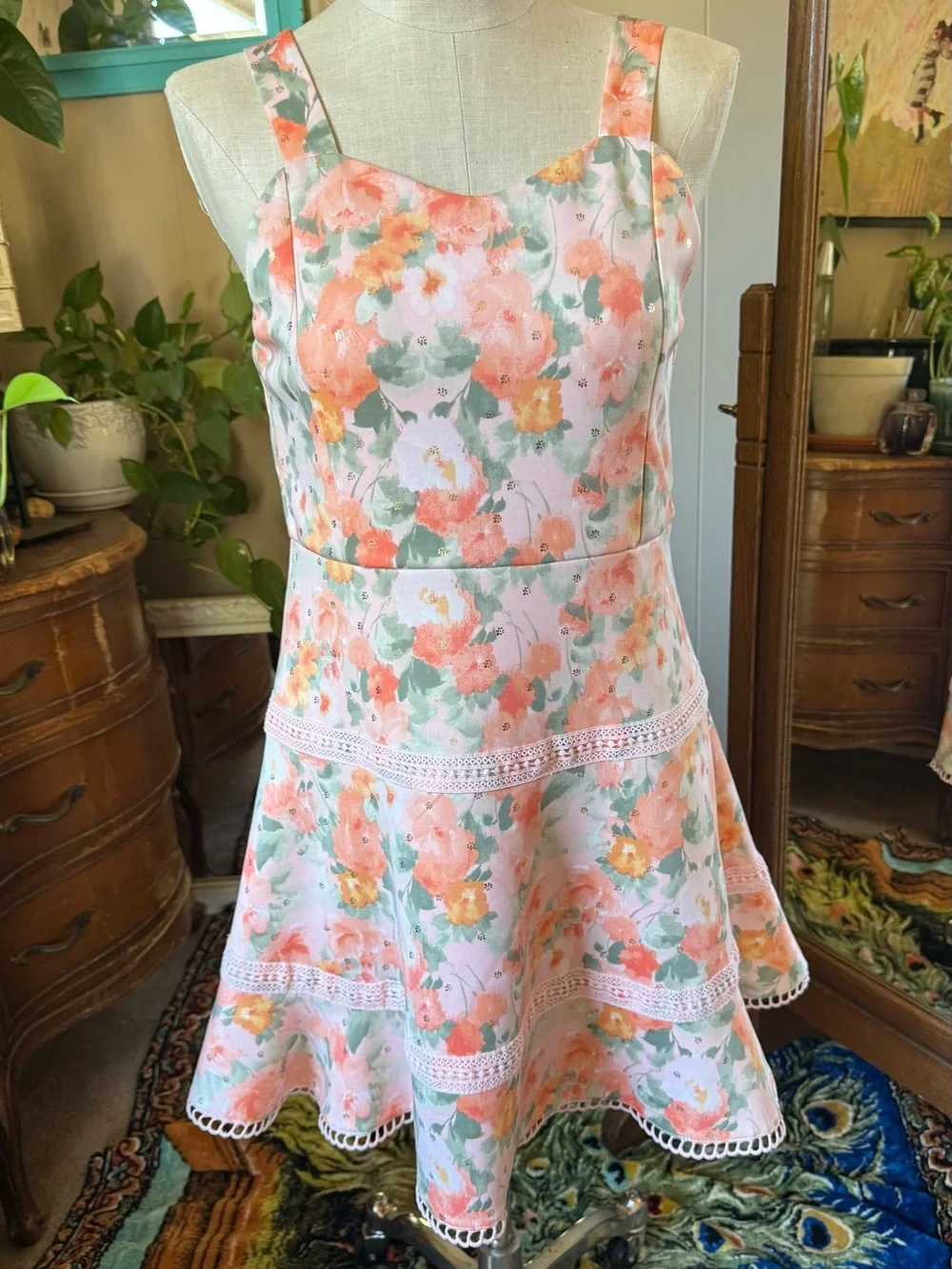 Knit Works Big Girls Dress Peach/pink/green Floral 20.5 Plus, Metallic Gold